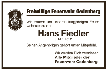 Traueranzeige von Hans Fiedler von Pegnitz-Zeitung